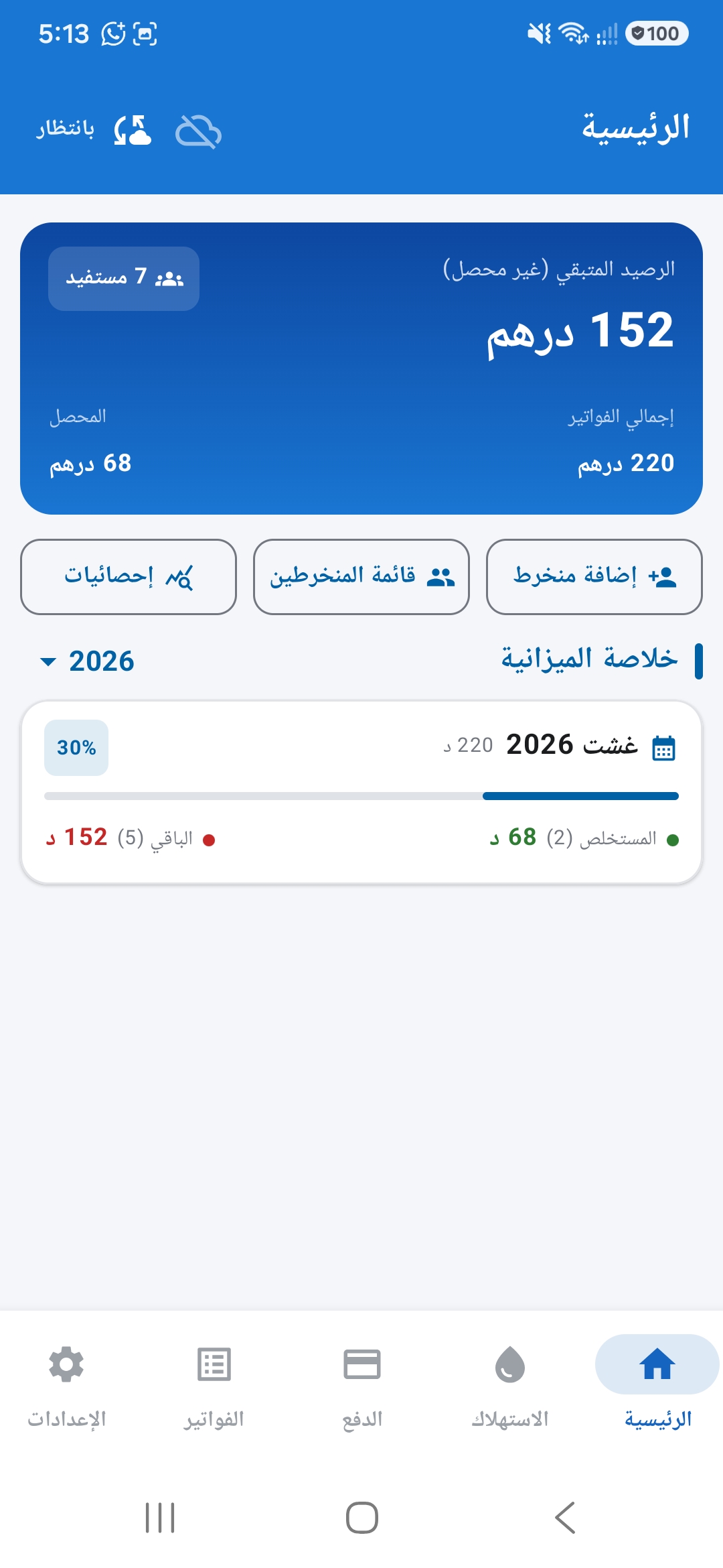 الشاشة الرئيسية: الرصيد المتبقي وخلاصة الميزانية